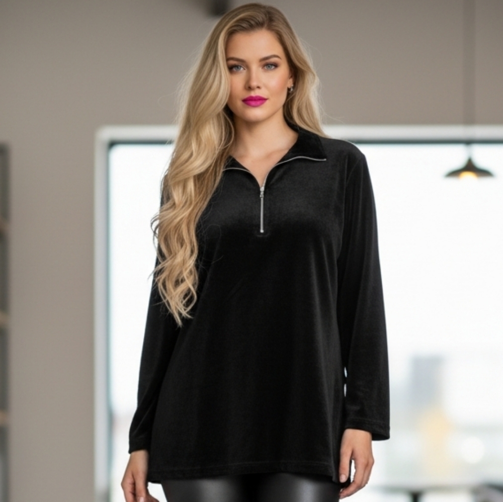 Three hearts Black Velour Quarter Zip Pullover